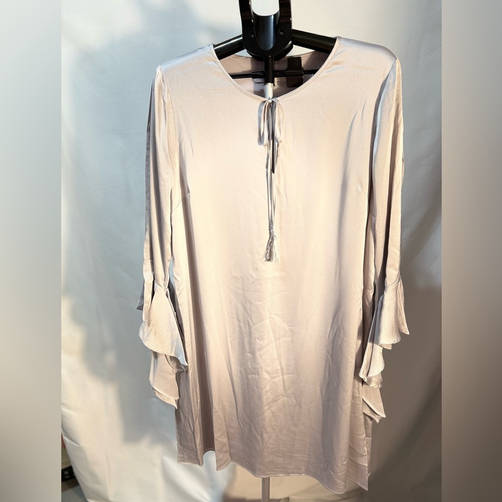 Emma & Michele Satin Silver Tunic Dress with Ruffled Sleeves- XL
